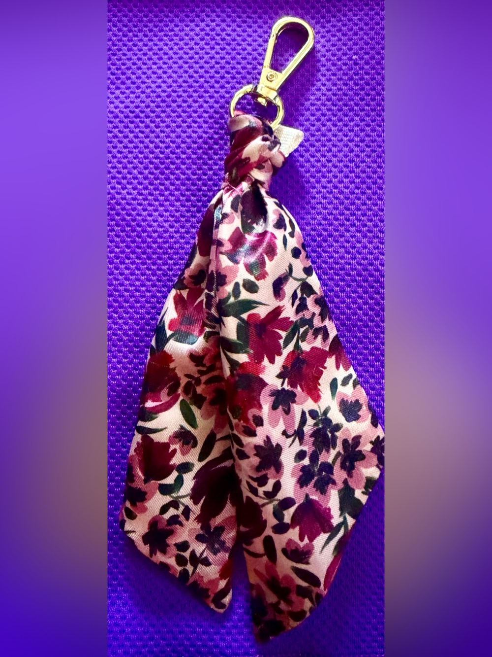 Anne Klein Pink Floral Silk Scarf Keychain with Burgundy Accents